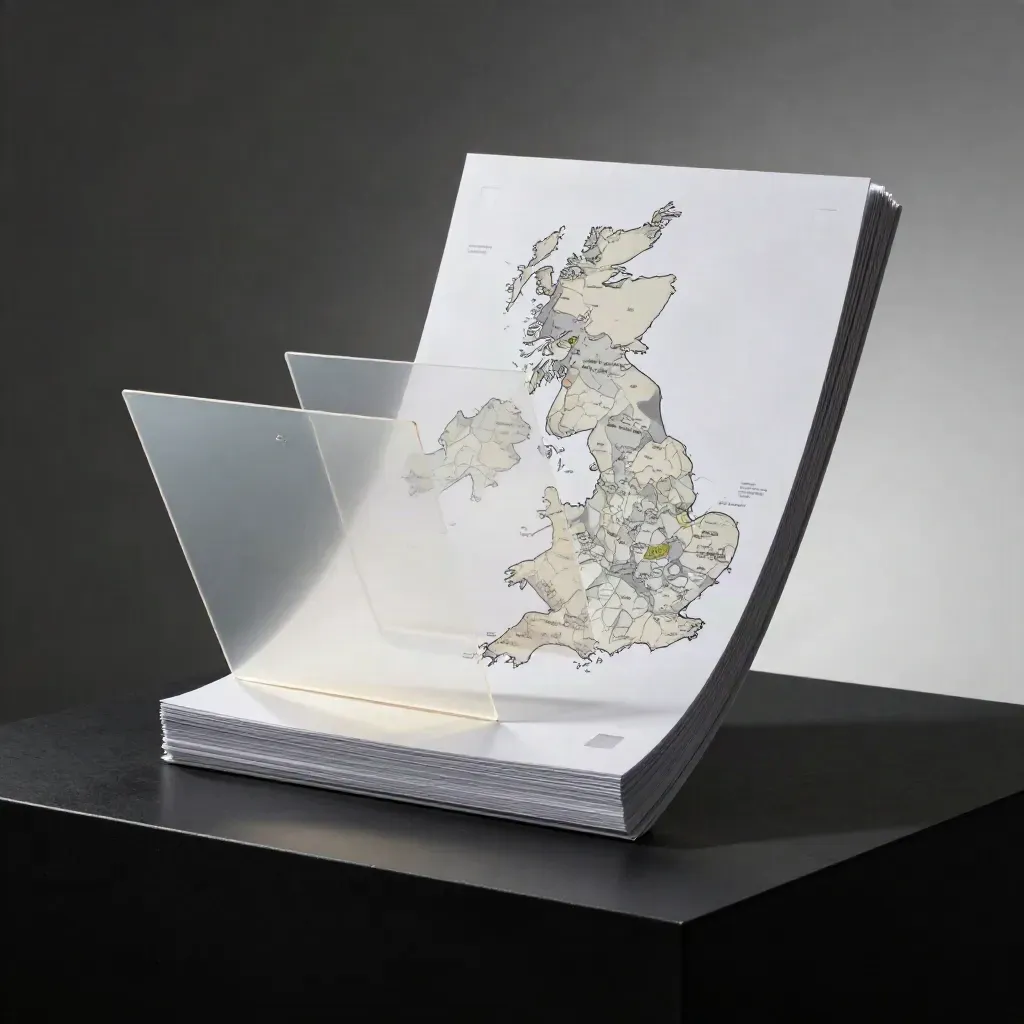 Floating white market map pack with translucent overlays above a black studio plinth