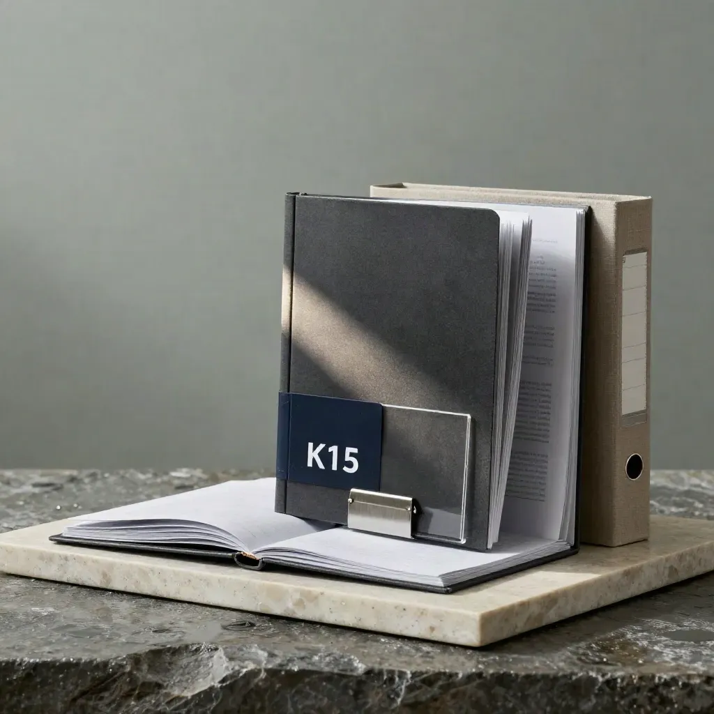 Charcoal KPI folio with binders, acetate tabs and limestone plinth in dawn mist.
