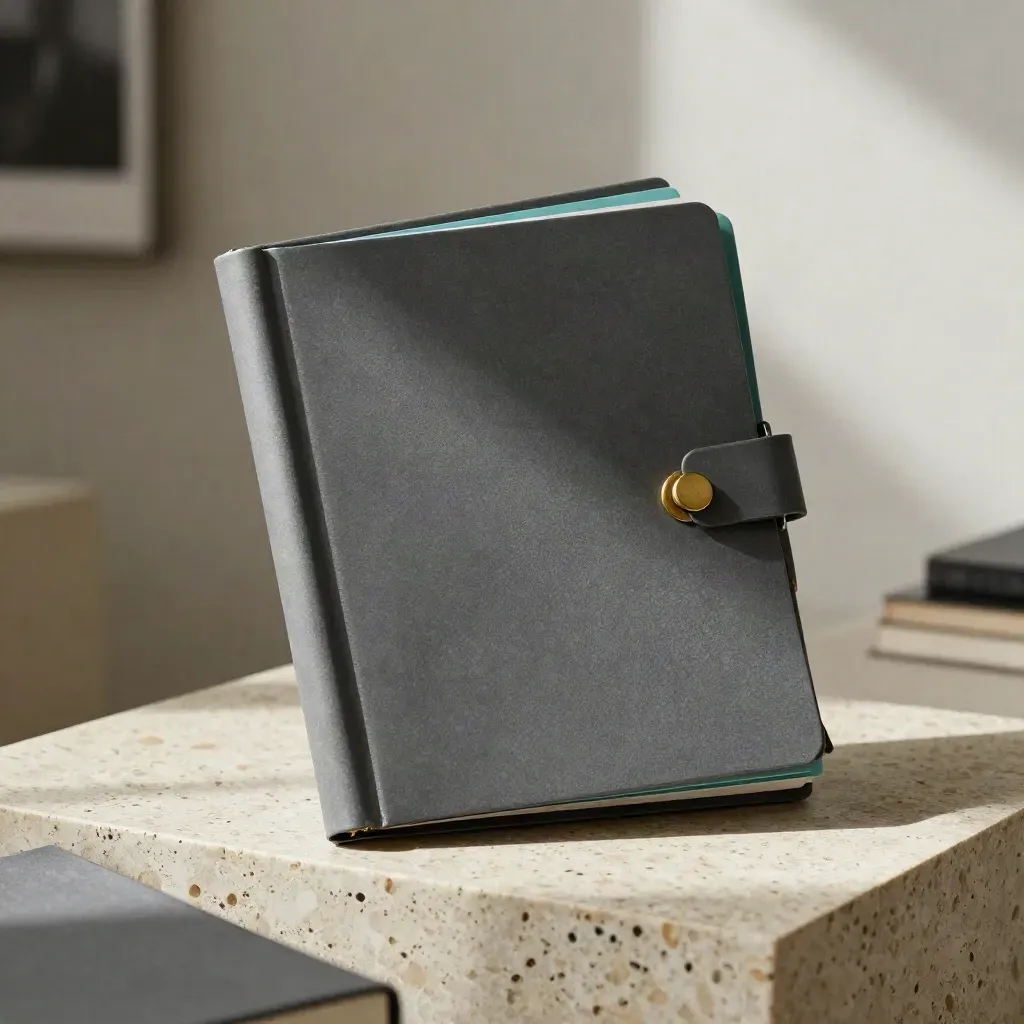 Graphite report folio with brass clip and stone weight on travertine