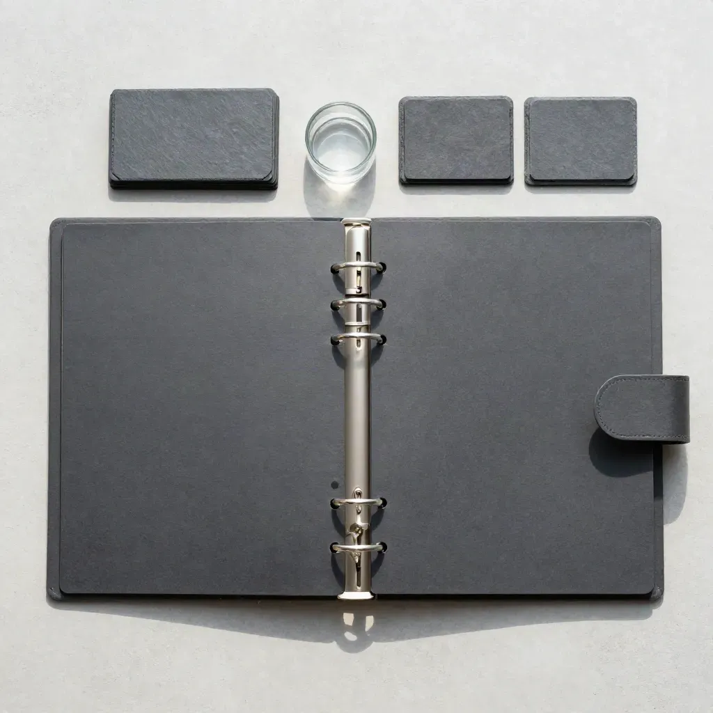 Overhead open dashboard binder with glass paperweight and slate stacks on pale concrete.