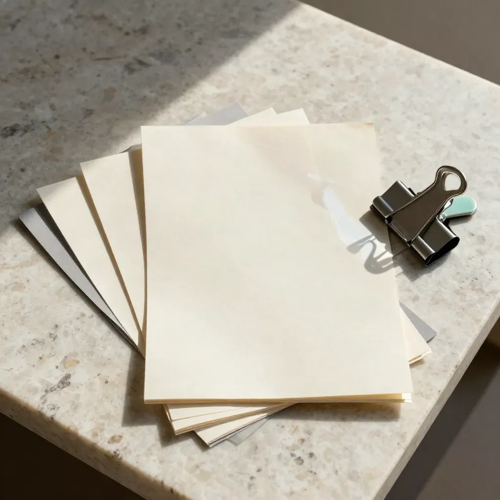 Overhead flatlay of blank audit leaves, clear sleeve and clamp on pale travertine.
