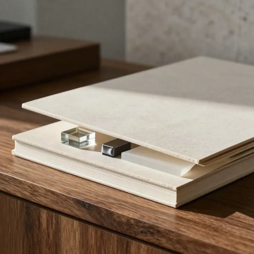 Stone board summary deck mid-fan with glass cube on a walnut plinth