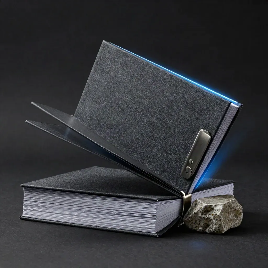 Dark sales funnel folio with blank leaves, slim clip and stone block in electric-blue rim light.