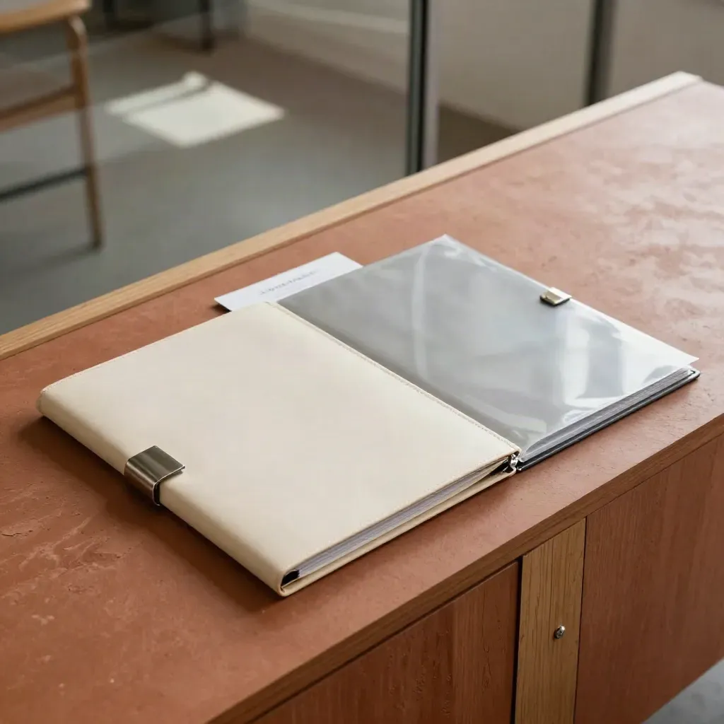 Three board pack folders with a metal clasp and clear sleeve on a terracotta meeting ledge.