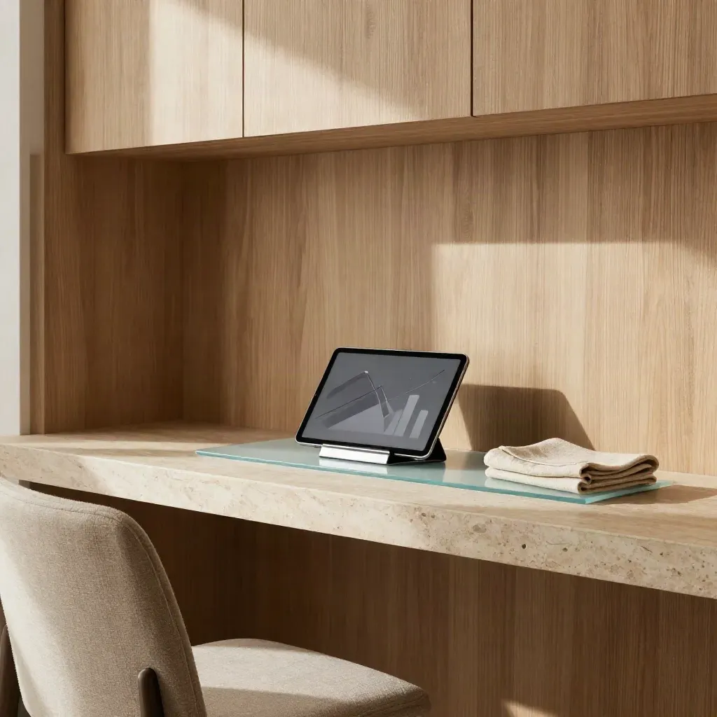 Sunlit modern meeting nook with oak panels, stone ledge, linen chair back and soft analytics tablet